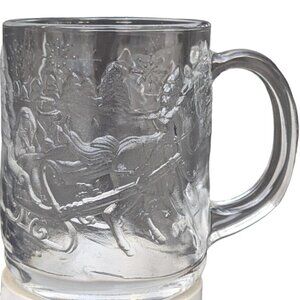 VTG Luminarc USA Christmas Mug Victorian Sleigh Ride thru the Woods Clear Glass